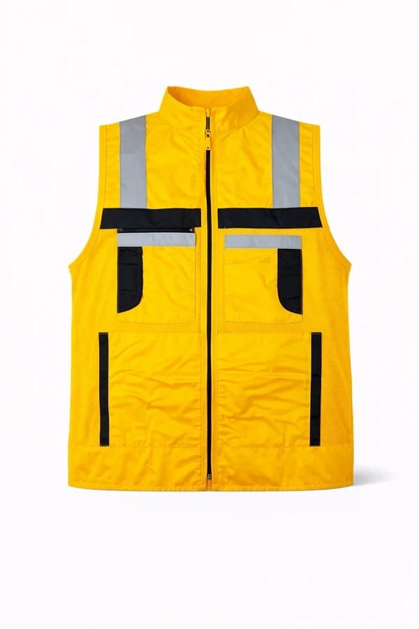 Yellow high-visibility safety vest with reflective stripes, black pockets, and front zipper closure