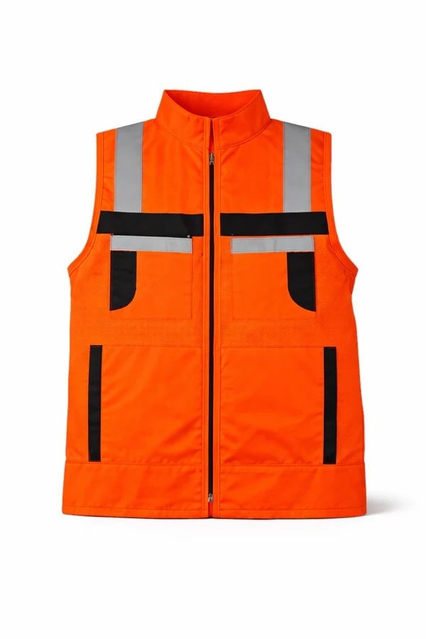 Orange safety vest with reflective stripes, front zipper, and multiple black pockets