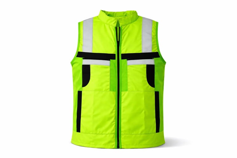 Bright neon yellow safety vest with reflective stripes and black trim pockets