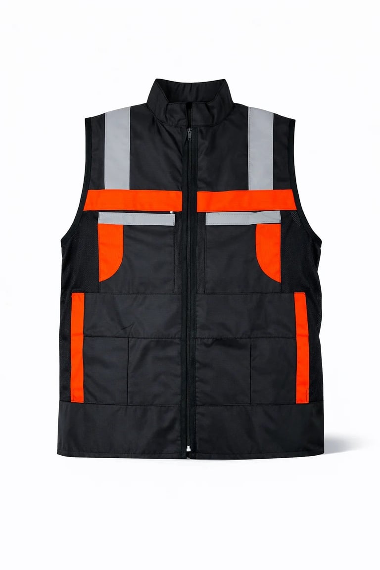Black safety vest with orange trim, reflective silver stripes, multiple pockets, and full-length zipper front