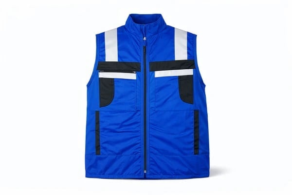 Blue and black reflective safety vest with zipper closure and multiple pockets