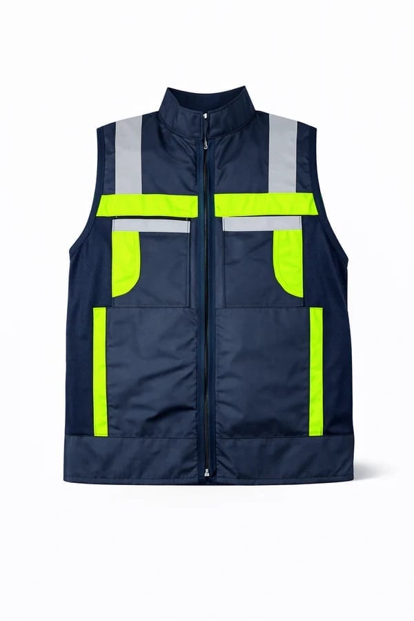 Navy blue safety vest with neon yellow and reflective gray stripes, multiple pockets, and front zipper