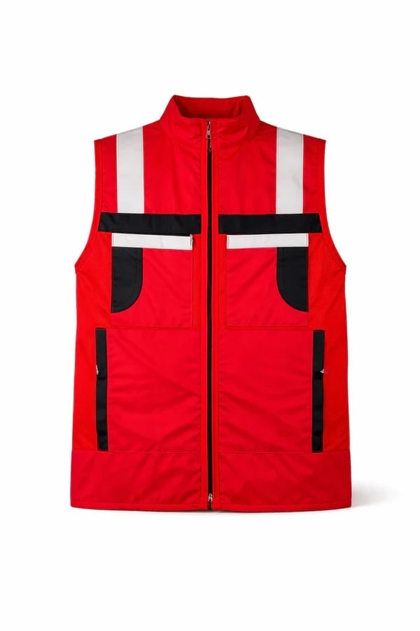 Red safety vest with white reflective stripes and black trim pockets, front view on white background