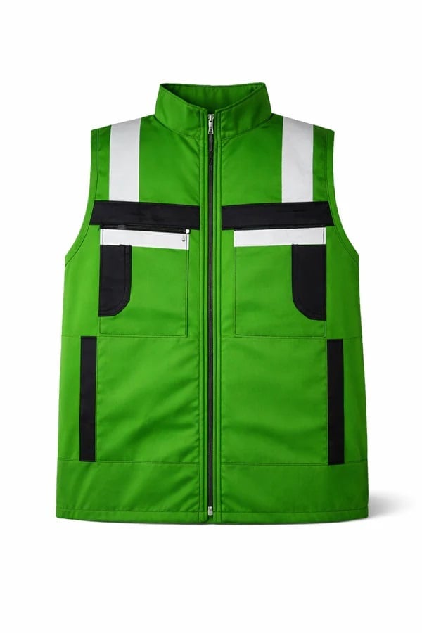 Green and black sleeveless vest with reflective white stripes and multiple pockets